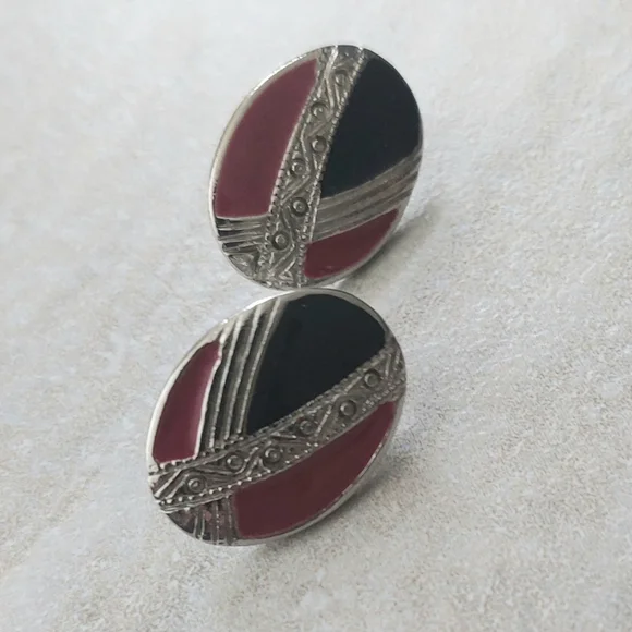 Vintage Silver-Toned Purple/Black Enamel Earrings - Picture 2 of 4